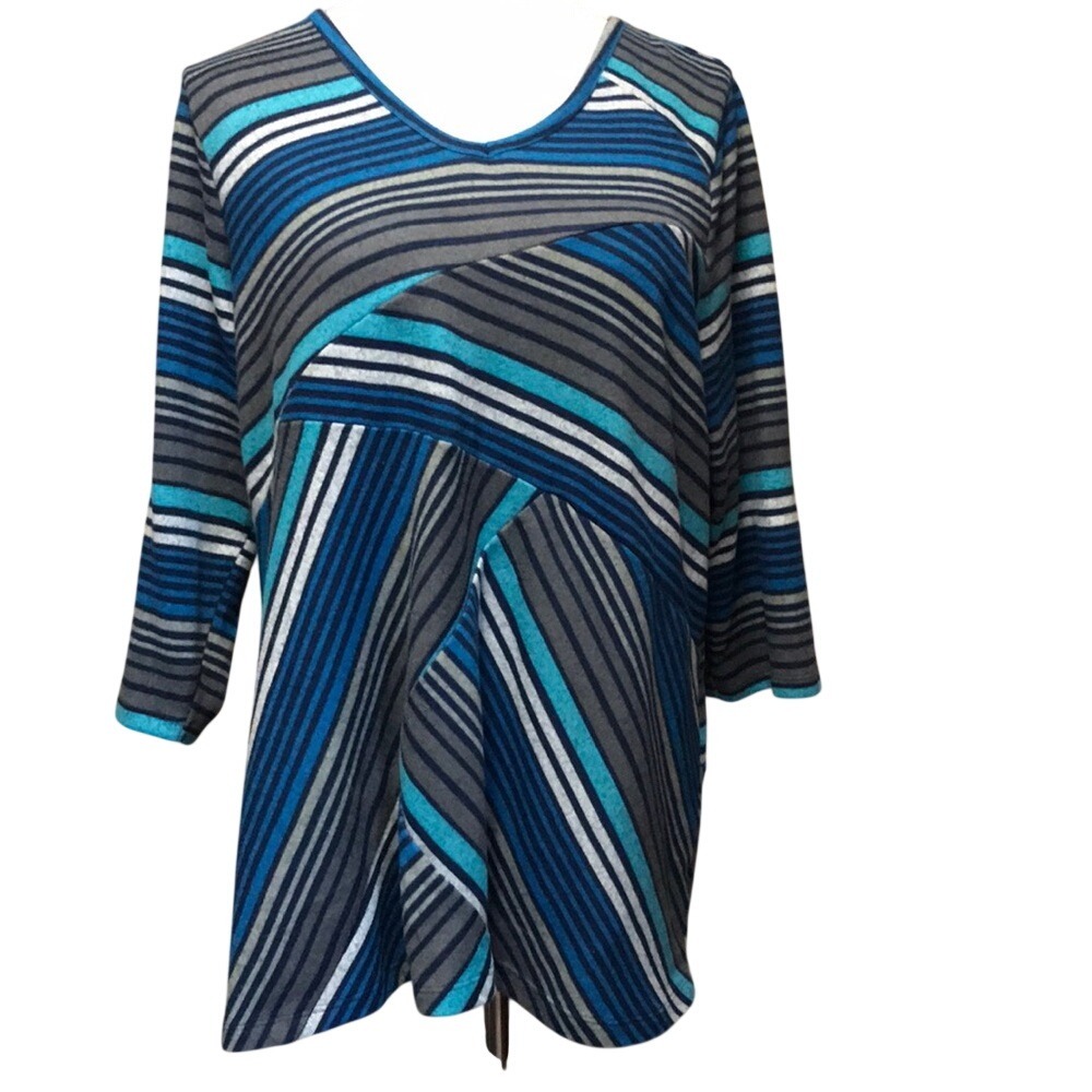 Blue Grey Multi Directional Striped V-Neck 3/4 Sleeve Knit Tunic Top